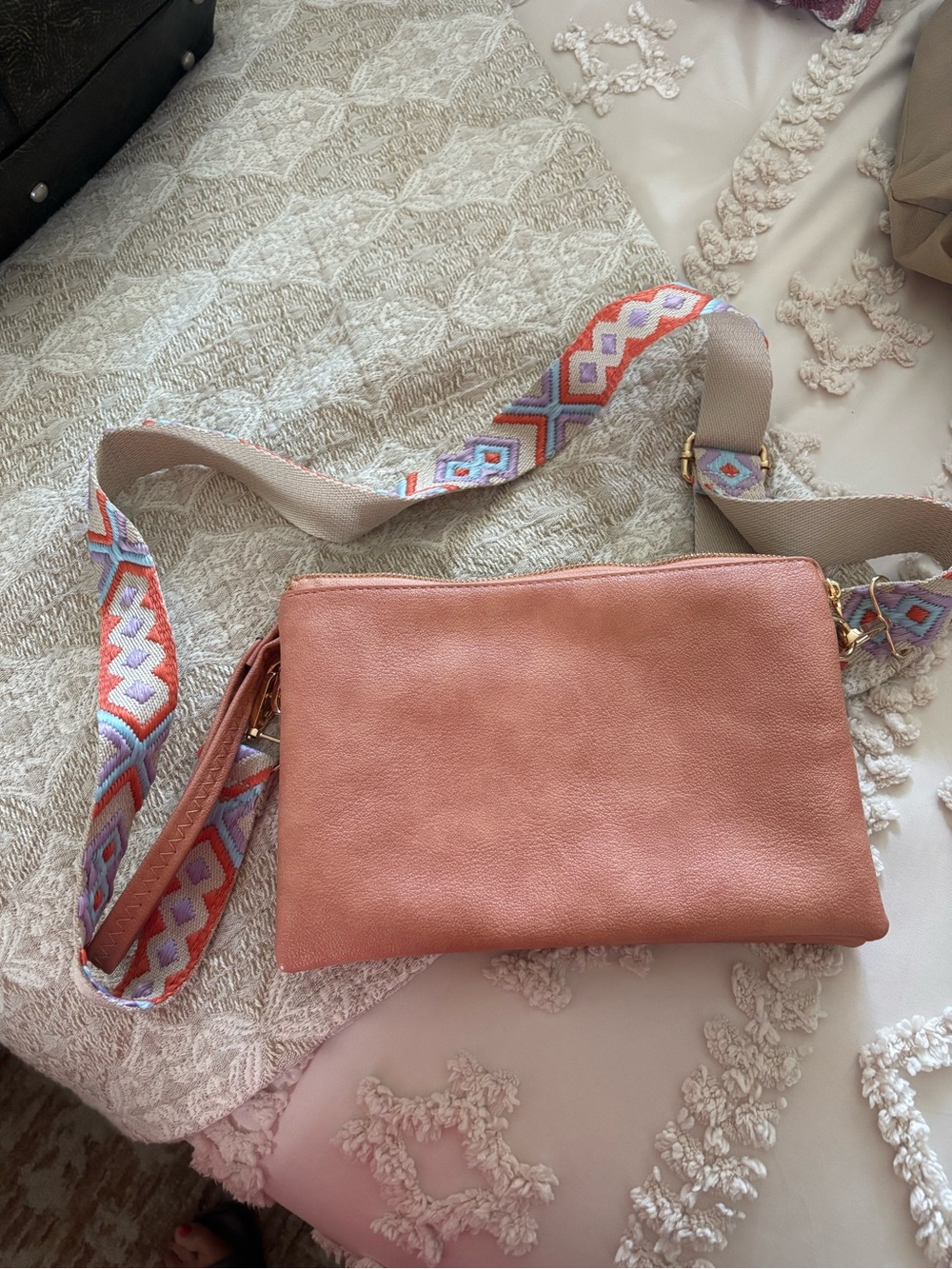 Women's Coral Crossbody Bag with Patterned Strap